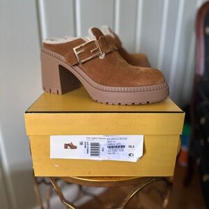 Fendi Tan Block Heel Mules with Gold Buckle